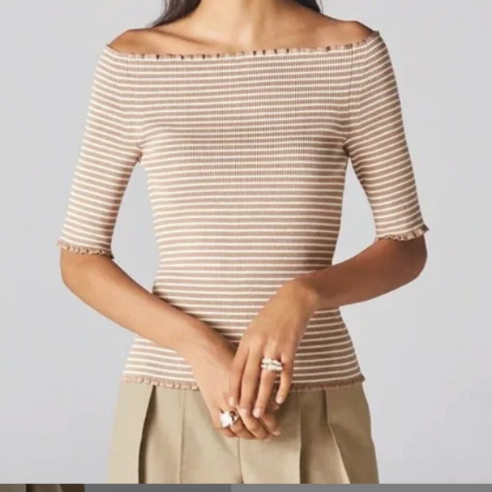 ADEAM x Carolyn Murphy Yama Sweater Ribbed Stretch Beige/white Size Medium NWT